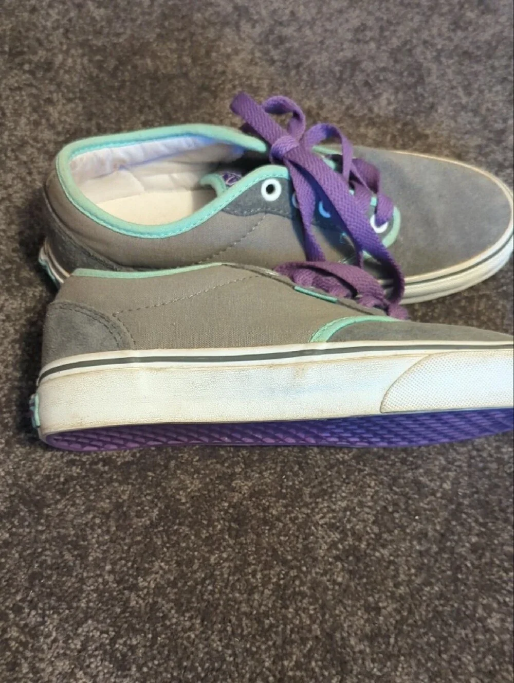 Vans Women's Gray Suede Sneakers with Purple Laces and Mint Trim